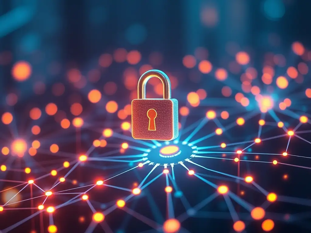 An illustration depicting a secure digital lock overlaid on a network of interconnected devices, symbolizing the secure transaction processing capabilities of the caplitlaontap.com platform, ensuring data integrity and protection against fraud.